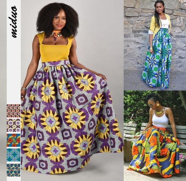 

women african dashiki elastic autumn winter summer maxi beach skirt floral print high waist pleated floor length long skirt y200329975545, Black