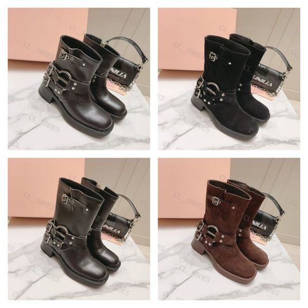 

designer boots women harness belt buckled cowhide leather biker knee boots yk2 chunky heel zip knight boots fashion motorcycle booties, Black