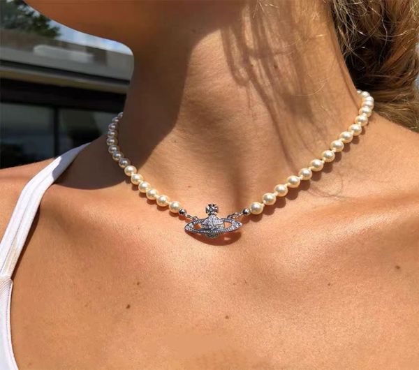 

pearl necklace women designer design saturn beaded pendant ladies diamond pin necklaces pearles necklace wedding party gift4815199, Silver