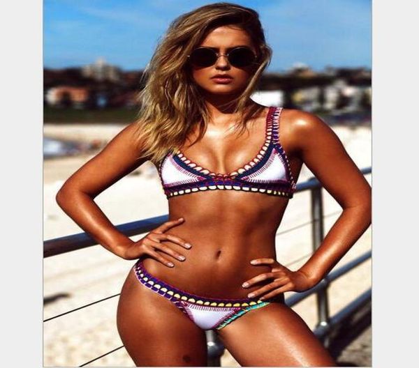 

handcrocheted color bikini suit with triangular swimming trunks knitted beach swimsuit9298300, White;black