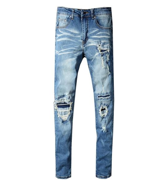 

classic hip hop pants jeans pants mens slim straight biker skinny denim jeans men women ripped jeans8519697, Blue