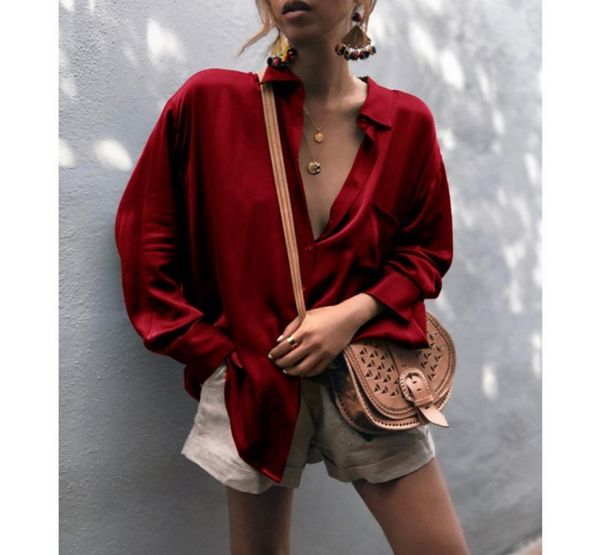 

women deep vneck soft satin loose shirts fashion female blouse lady girls casual long sleeve office ladies shirt chic 716919, White