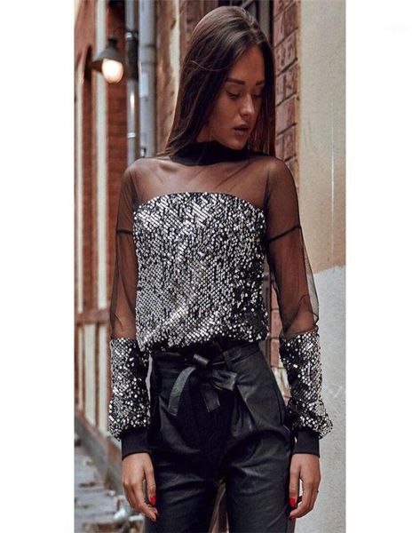 

women long sleeve sequin and blouses evening party club loose blouse ladies fashion mesh blusas femininas elegante women7291902, White