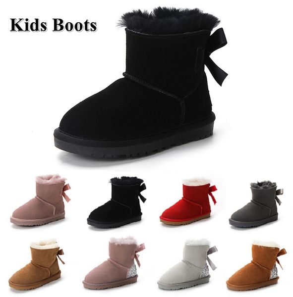 

designer kids warm bow boots children classic mini half snow boot winter full fur fluffy furry satin ankle preschool ps enfant toddler girl, Black;grey