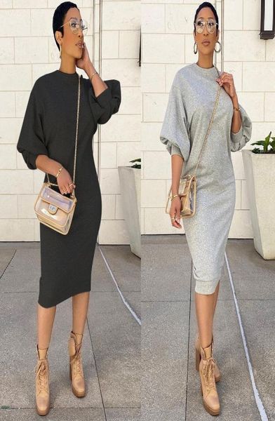 

lantern sleeve loose long plus size sweater dress slim casual grey black dressess vestido feminino whole drop1755460