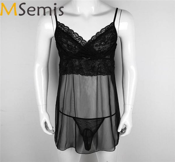 

msemis mens dress sissy lingerie nightwear gay lace mesh sheer sleepwear for men with g-string jockstrap underwear panties1275108, Black;white