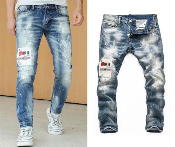 

2022 skinny jeans men patchwork ripped bleach wash painted effect cowboy trousers denim pants299a1085485, Blue