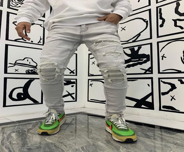 

europe and the united states tide brand new jeans men039s washed hole stable stirrup stitching fashion simple slim feet casual 5658659, Blue