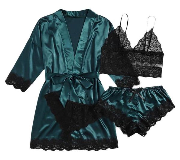 

women039s tracksuits 4piece satin silk women loungewear garter lingerie pajamas set robes lace bodysuit deepv neck under8274766, Gray