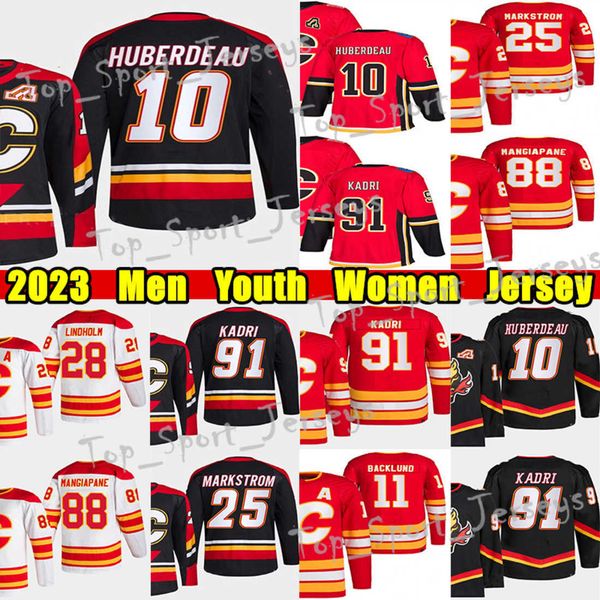 

#10 jonathan huberdeau reverse retro hockey jersey #91 nazem kadri jacob markstrom elias lindholm andrew mangiapane wolf mikael backlund jar, Black;red