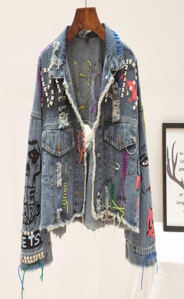 

2019 spring autumn women street fashion graffiti denim jacket female personality short cut rivet jacket fringe jean coat6616811, Black;brown