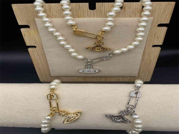 

empress dowager an gold and silver full diamond pin saturn knot pearl chain necklace bracelet --c80921973519, Black