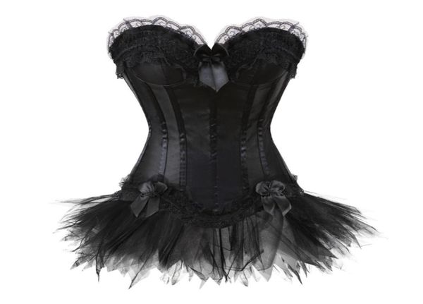 

women039s black overbust corset and dress satin bustier with lace mini skirt waist cincher lingerie s2xl7587891, Black;white