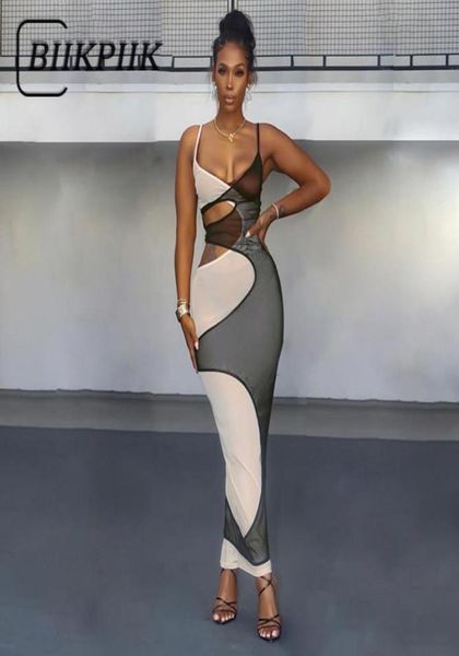 

color contrast hollow out maxi dress women elegant robe club spaghetti strap mesh summer skinny dresses streetwear6181523, Black;gray