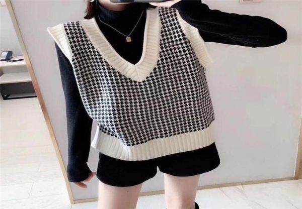 

angora wool knit vest sweater women winter korean vintage houndstooth geometric plaid v neck sleeveless pullover jumper 2009189230670, White;black