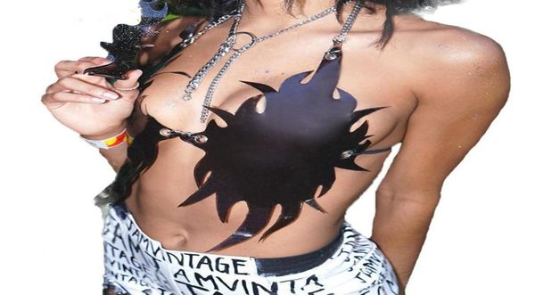 

women pu leather bralette black gothic crop backless halter party cbwear tank mujer chest harness bras sets3931038, Red;black