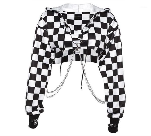 

women plaid casual streetwear sweatshirt hoodie crop jumper pullover chain stitching short loose sweatshirt plaid shirt11336941, Black