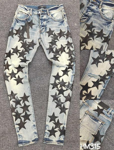

falection mens 21ss amimike jeans distressed leather stars patch ripped denim jeans5218307, Blue