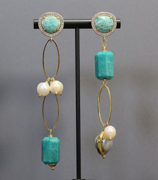 

natural green peruvian amazonite faceted tube white pearl dangle cz pave stud earrings for women classic gifts5151878, Silver