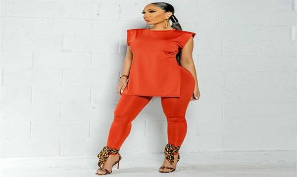 

shoulder pads sleeveless oneck two pieces set women autumn streetwear fashion side high split tshirtskinny pencil pant 2115717535, White