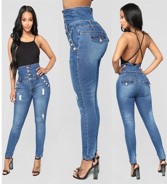 

women bodycon denim jeans high waist button skinny jean ladies pencil pants c190412017003759, Blue