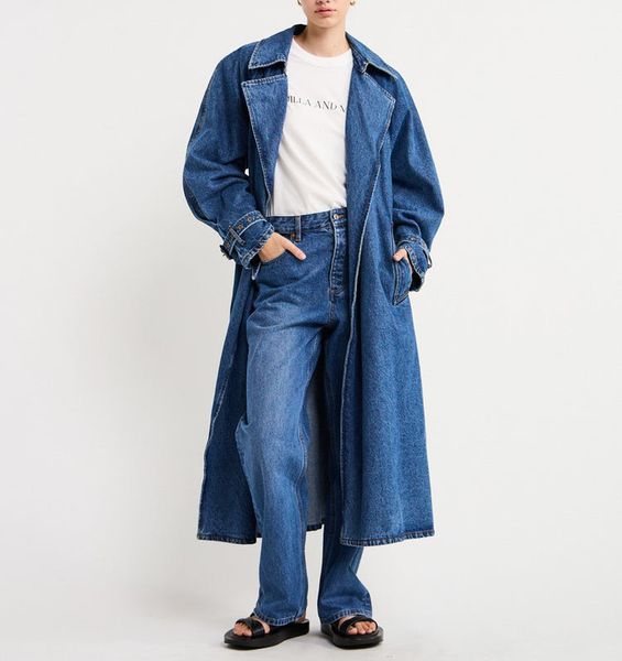 

australian designer early autumn blue denim trench coat, Tan;black