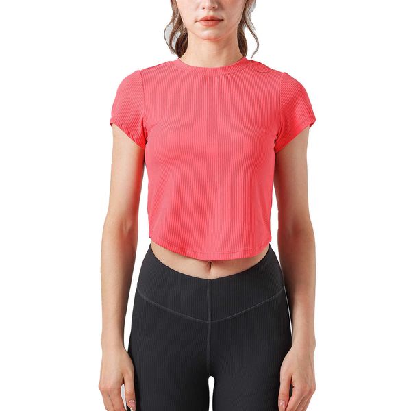 

summer ribbed yoga suit lu-105 skincare slimming sports t-shirt nude breathable women's u-shaped bottom fitness shirt, White