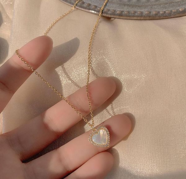 

afshor trendy fine 14k real gold heart shaped opal chain pendant necklaces for women temperament jewelry shiny aaa zircon wedding 7878030, Silver
