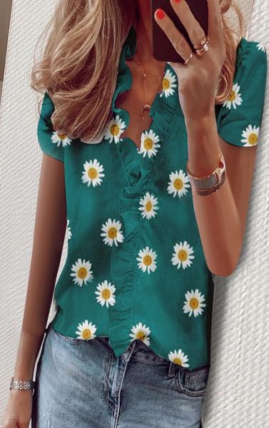 

elegant daisy pineapple print blouse shirts office lady 2020 spring summer ruffle women blouses vneck short sleeve 1193976, White