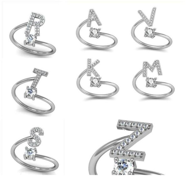 

fashion 26 az english letters silver ring for women rhinestone open finger rings female engagement ring jewelry anel party gift1302403