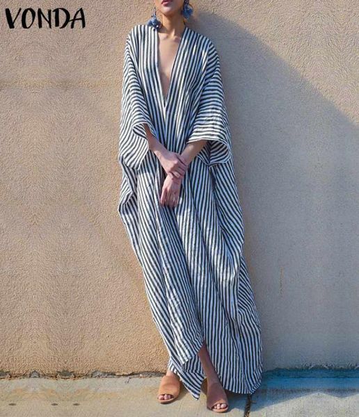 

vonda plus size bohemian women striped dress 2019 autumn v neck irregular hem party maxi long dresses casual loose2095716, Black;gray