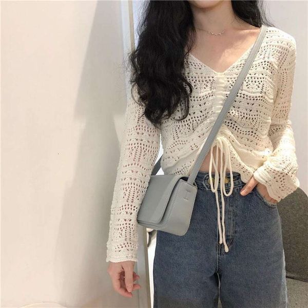 

early spring hong kong womens sweaters style products temperament small fresh korean v neck hollowed out drawstring, White;black