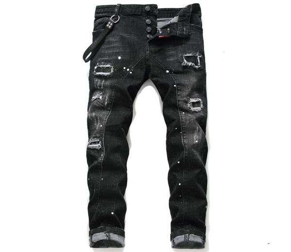 

mens rips stretch black jeans fashion slim fit washed motocycle denim pants panelled hip hop trousers b32786893, Blue