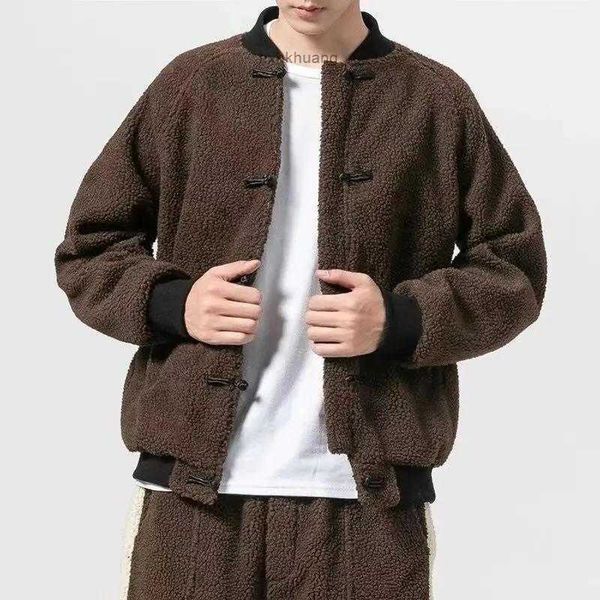 

men's tracksuits two-piece set men chinese style tang winter thick baseball uniform cotton jacket plue size vintage lamb wool coat pant, Gray