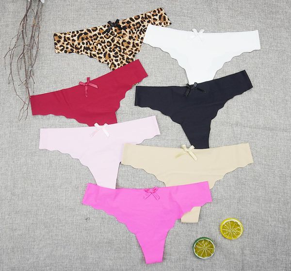 

6pcslots seamless thongs intimate underwear women panties leopard print super thin tangas ice silk lowrise ladies t panty y7100497, Black;pink