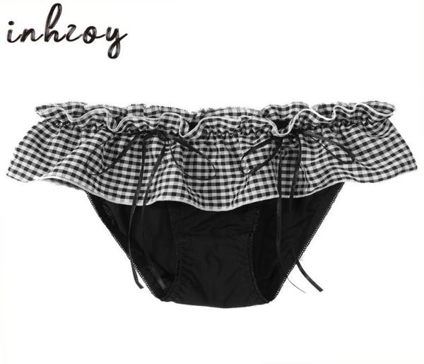 

underpants sissy male gay underwear men039s panties ruffle lace plaid print thongs tback low waist bowknot lingerie6646350, Black;white