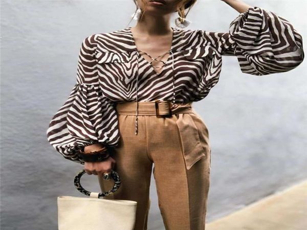 

zebra stripe printed blouses women fashion bell long sleeve shirts women elegant v neck balloon sleeve blouse13162371, White
