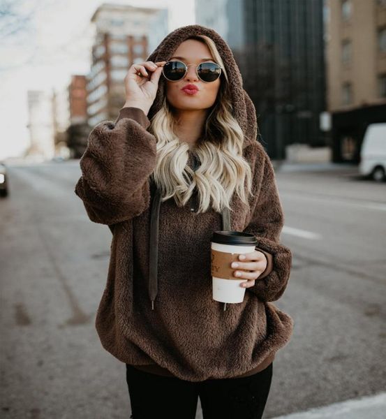 

10 color faux fluffy teddy hooded sweaters women drawstring faux fur pullover jumpers ladies zipper autumn winter sweater female5746564, Black