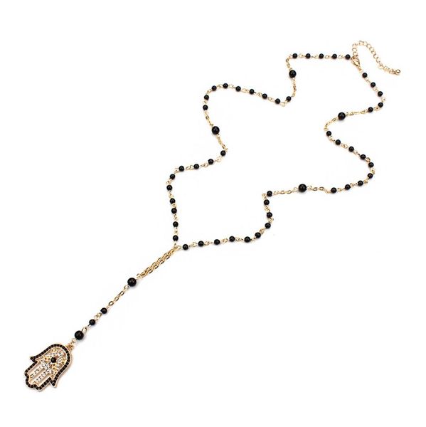

lucky eye black beads necklace turkish gold link chain hamsa hand necklace evil eye charm necklace sweater chain9925432, Silver