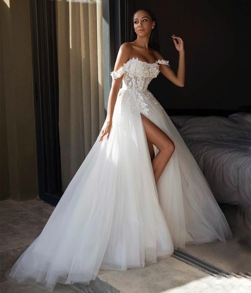 

elegant long tulle off shoulder wedding dresses with slit a-line ivory sweep train bridal gown lace up back vestido de novia women dresses, White