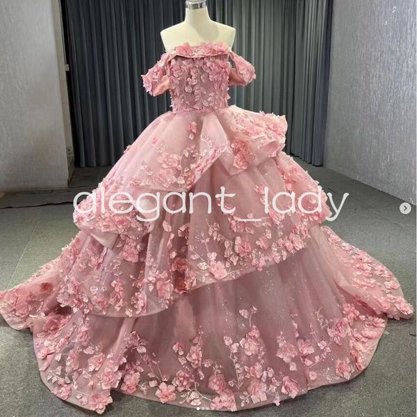 

rose pink princess quinceanera dresses off shoulder 3d flower ruffles tiered skirt corset vestidos de debutante rose gold, Blue;red