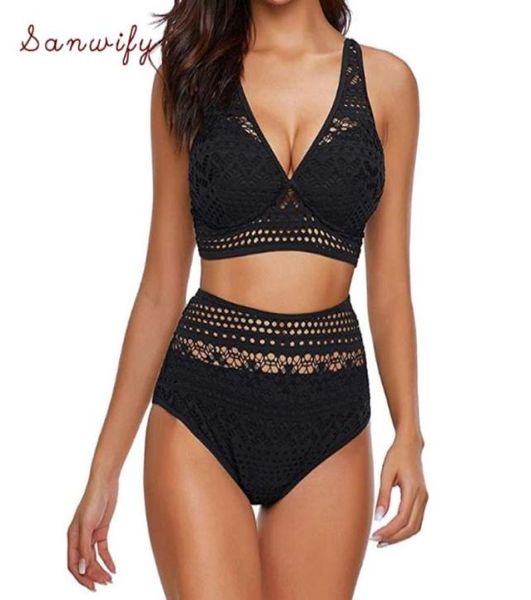 

women039s swimwear black blue lace high waist swimsuit bikini set 2021 solid bikinis women push up banting suit swim suits4264901, White;black