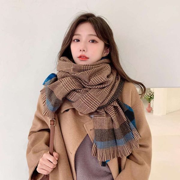 

thickened houndstooth plaid scarf womens autumn and winter simple imitation cashmere warm fashionable shawl, Blue;gray