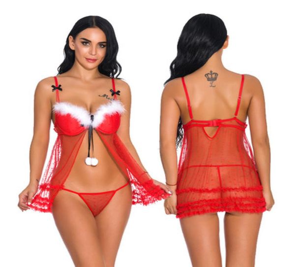 

women fly away front festive red dots mesh babydoll christmas holiday chemise with white fuzzy trim and layered lace hem ling6773021, Black;red