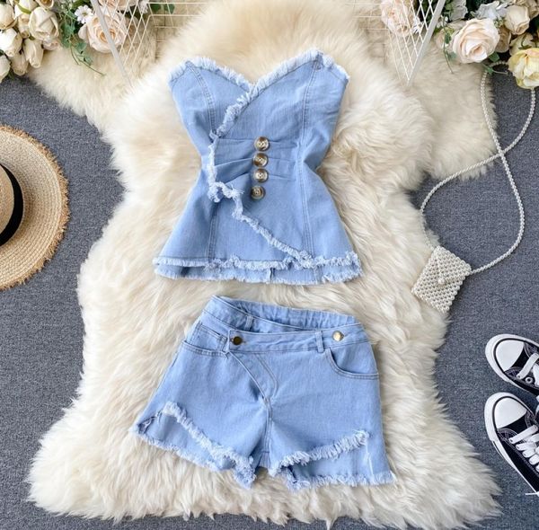 

amolapha women summer tassel strapless jeans shorts sets chic design woman denim short pants suit outfits2826726, White