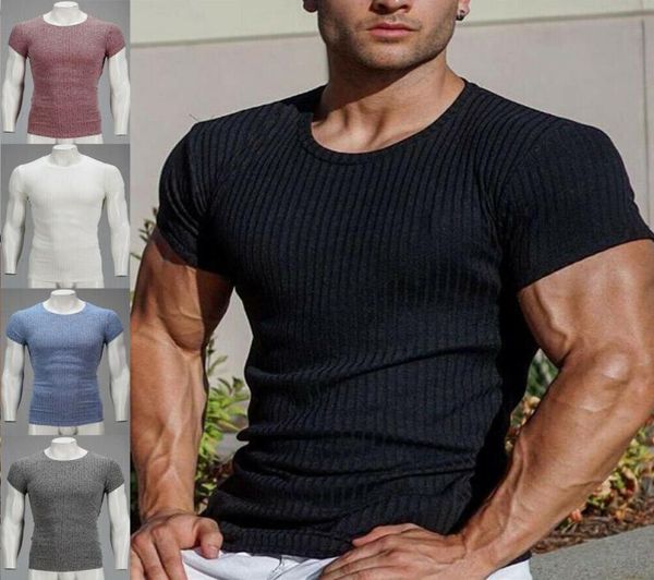

2019 new slim tshirt men gym tight solid color short sleeve slim fit round neck tee casual fitness cotton m2xl8481661, White;black