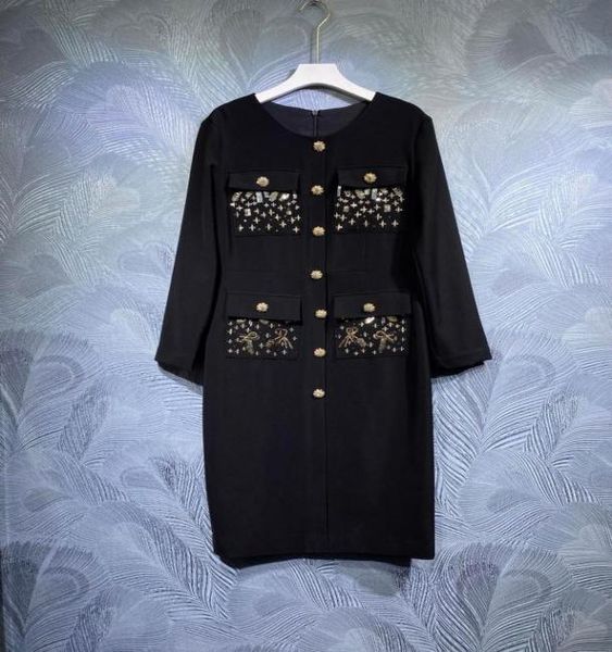 

l2021 autumn new round neck beaded waist dress01234567768059, Black;gray