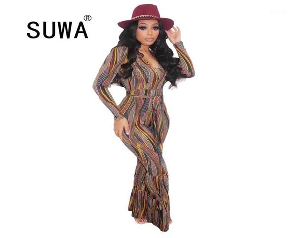 

new colorful striped print jumpsuit deep vneck high waist sashes onepiece suits skinny long sleeve bellbottomed romper19935327, Black;white