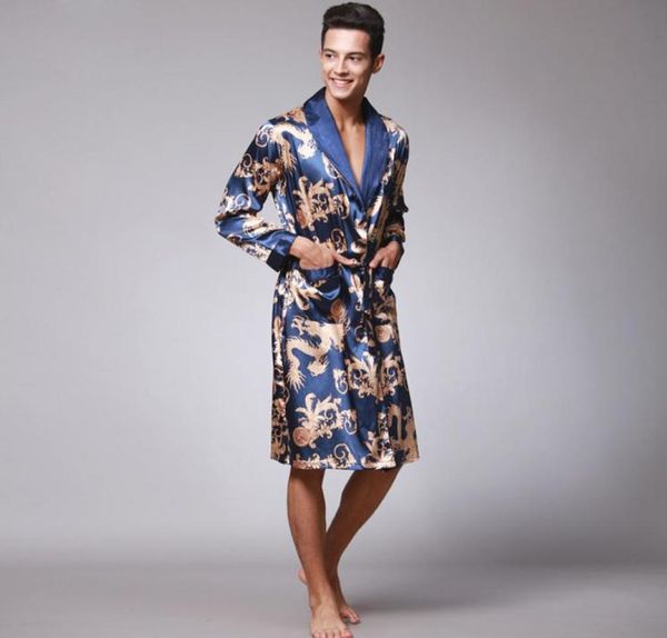 

male chinese style dragon robe bathing home sleep wear silk satin soft embroidery loose vneck men pajamas nightgown kimono8601966, Black;brown