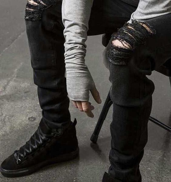 

fashion mens straight slim fit biker jeans pants distressed skinny ripped destroyed denim washed hiphop trousers black2908502, Blue
